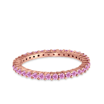 Full Eternity Wedding Round Rose Tone, Simulated Pink CZ Ring 925 Sterling Silver